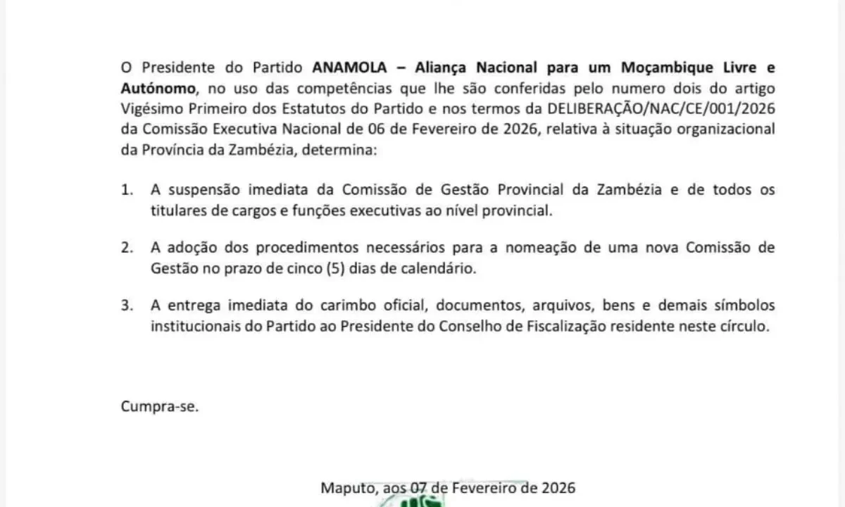 ANAMOLA suspende Comissão de Gestão Provincial da Zambézia por despacho assinado a 07 de Fevereiro de 2026. Nova comissão será nomeada em cinco dias.