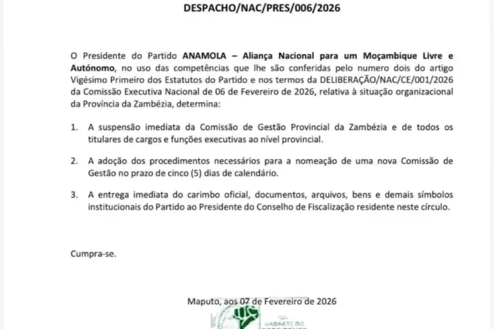 ANAMOLA suspende Comissão de Gestão Provincial da Zambézia por despacho assinado a 07 de Fevereiro de 2026. Nova comissão será nomeada em cinco dias.